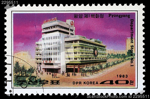 Image of Stamp printed in Korea shows Department Store No.1 in Pyongyang