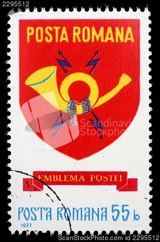 Image of Stamp printed in Romania shows post emblem