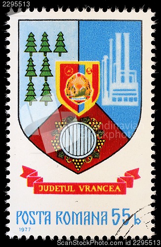 Image of Stamp printed in Romania, shows coat of arms of Vrancea County