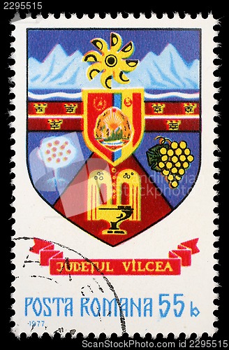 Image of Stamp printed in Romania, shows coat of arms of Vilcea County