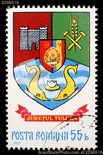 Image of Stamp printed in Romania, shows coat of arms of Tulcea County