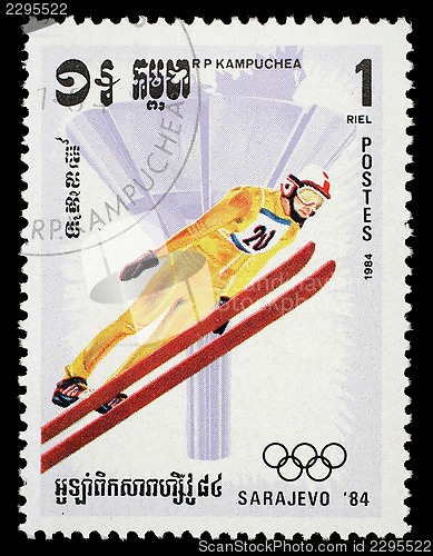 Image of Stamp printed in the Kampuchea, is dedicated to Winter Olympic Games in Sarajevo