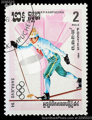Image of Stamp printed in the Kampuchea, is dedicated to Winter Olympic Games in Sarajevo