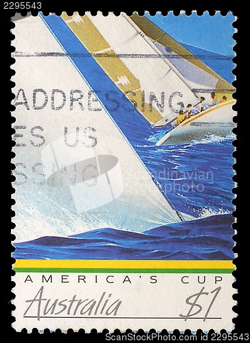 Image of Stamp printed in Australia shows image of a yacht competing the America's Cup