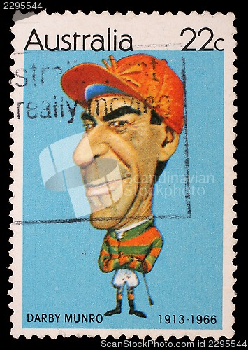 Image of Stamp printed in Australia shows Australian sportsmen Jockey Darby Munro
