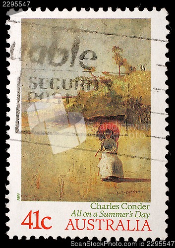 Image of Stamp printed in AUSTRALIA shows the "All on a Summer Day", by Charles Conder