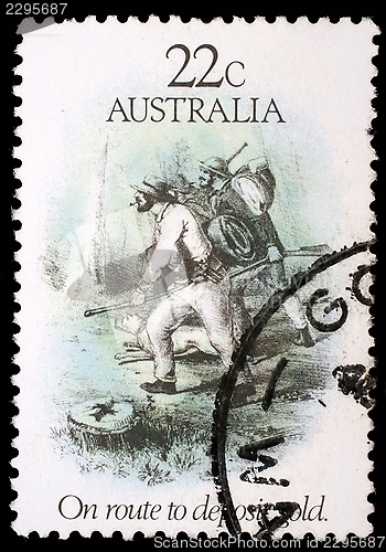 Image of Stamp printed in Australia dedicated to the gold rush era, shows on route to deposit gold