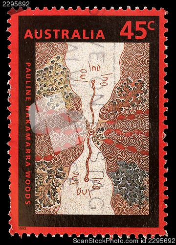 Image of Stamp printed in the Australia shows Wild Onion Dreaming, by Pauline Nakamarra Woods, Aboriginal Painting