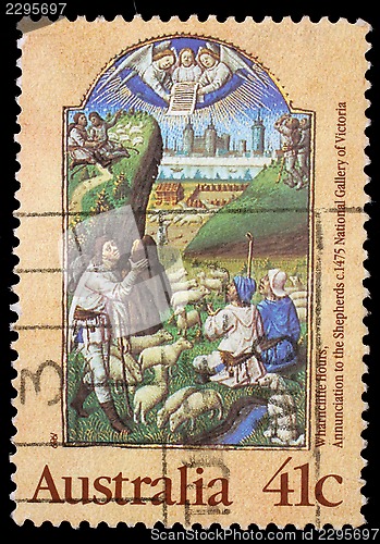 Image of Christmas stamp printed in Australia shows Annunciation to the Shepherds