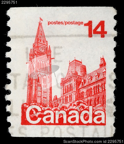 Image of Stamp printed in Canada shows Parliament Buildings in Ottawa