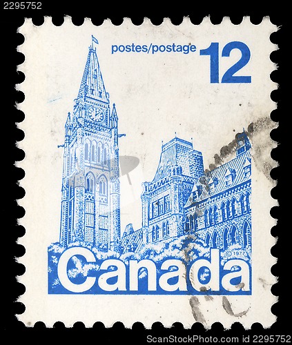 Image of Stamp printed in Canada shows Parliament Buildings in Ottaw