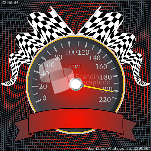 Image of Speedometer with checkered flags and banner