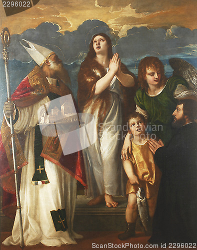 Image of St. Mary Magdalene, Saint Blaise, the archangel Raphael, Tobias and the donor