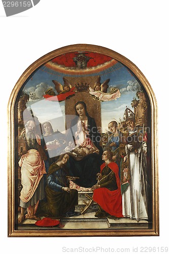 Image of Madonna and Child on the throne crowned by two angels, with saints