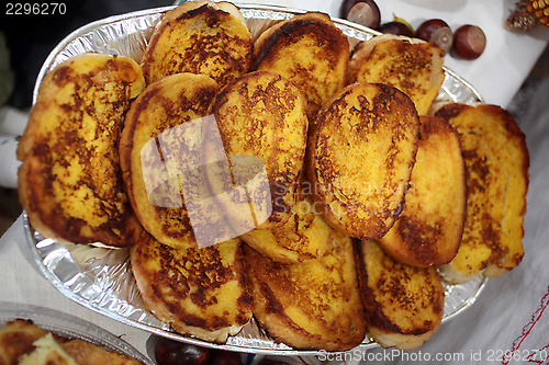 Image of Sweet pieces of toasted bread, fried in egg 