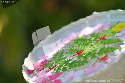 Image of water cup with beautiful flowers background