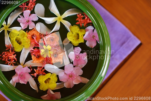 Image of water cup with beautiful flowers background