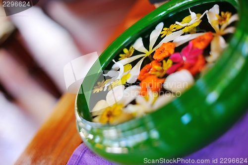 Image of water cup with beautiful flowers background