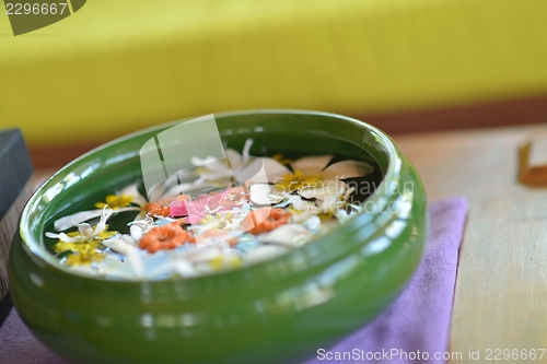 Image of water cup with beautiful flowers background