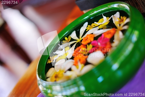 Image of water cup with beautiful flowers background