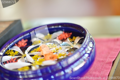 Image of water cup with beautiful flowers background