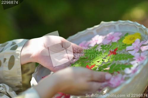 Image of female hand and flower in water