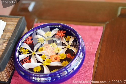 Image of water cup with beautiful flowers background