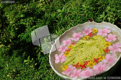 Image of water cup with beautiful flowers background