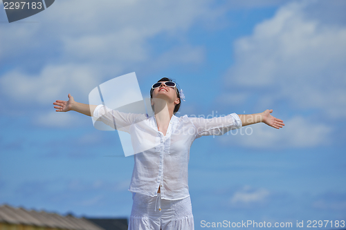 Image of happy woman enjoy  summer time