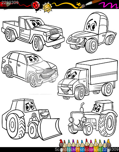 Image of cartoon vehicles set for coloring book