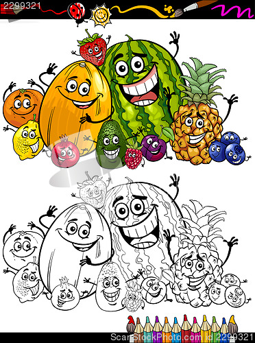 Image of cartoon fruits group for coloring book