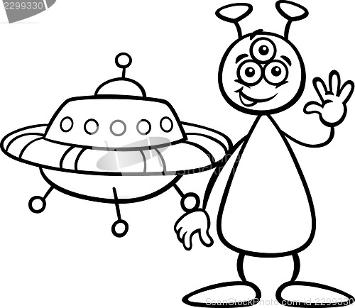 Image of alien with ufo for coloring book