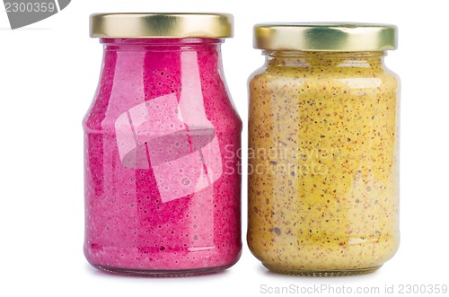 Image of Glass jars with mustard horseradish sauce