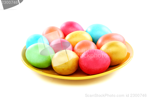 Image of Easter colored eggs on a plate.