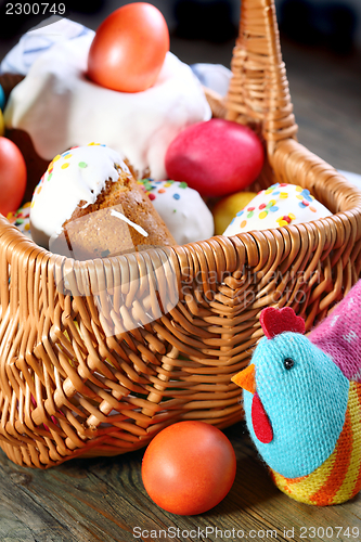 Image of Easter basket with Easter cakes and eggs. 