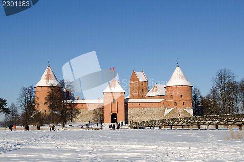 Image of frozen lake tourists recreate castle Trakai winter 