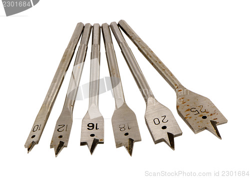 Image of special various size wood drill bits isolated 