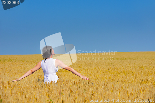 Image of young woman in wheat field at summer