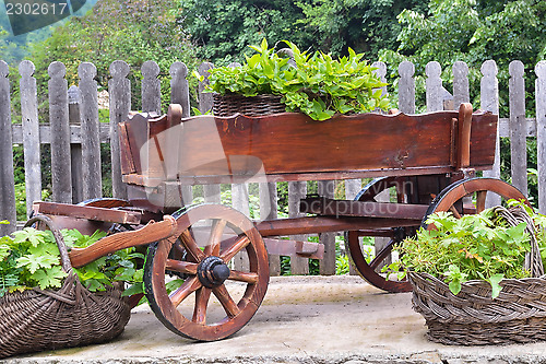 Image of Wooden cart and wicker baskets in the back yard