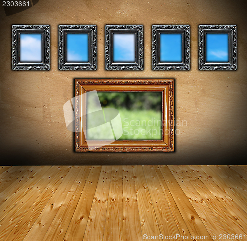 Image of abstract interior with wooden frames like windows