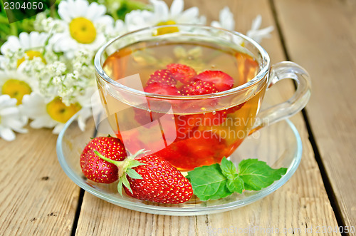 Image of Tea with strawberries on a board