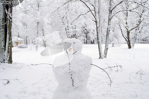 Image of Snow man hands carrot nose trees hoar frost park 