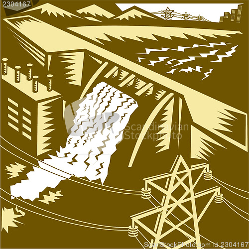 Image of Hydroelectric Hydro Energy Dam Woodcut