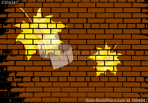 Image of Autumn maple leaves on brick