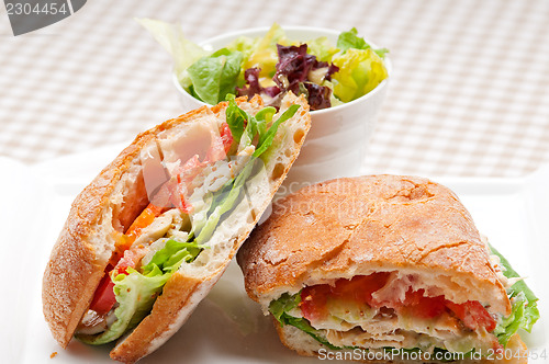 Image of ciabatta panini sandwich with chicken and tomato