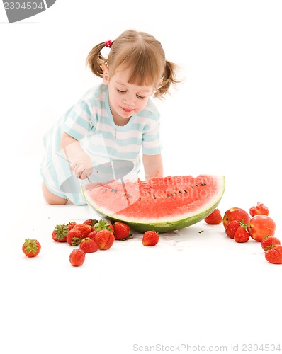 Image of little girl with strawberry and watermelon