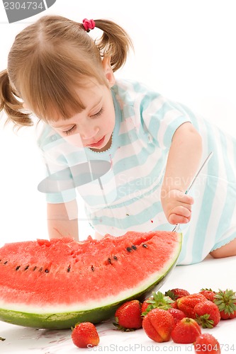 Image of little girl with strawberry and watermelon