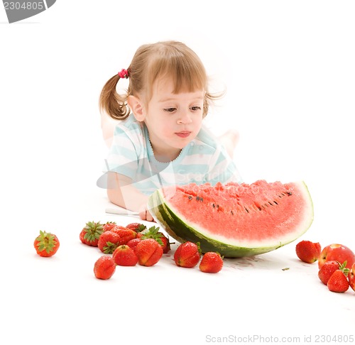 Image of little girl with strawberry and watermelon