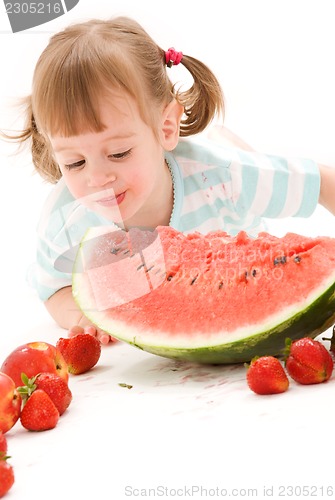 Image of little girl with strawberry and watermelon