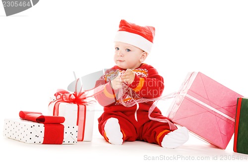 Image of santa helper baby with christmas gifts